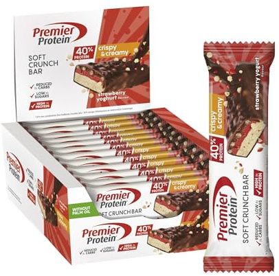 Premier Protein Soft Crunch Bar 40% Protein Strawberry Yogurt 12x40g - High Protein Low Sugar + Low Carbohydrate + Palm Oil Free