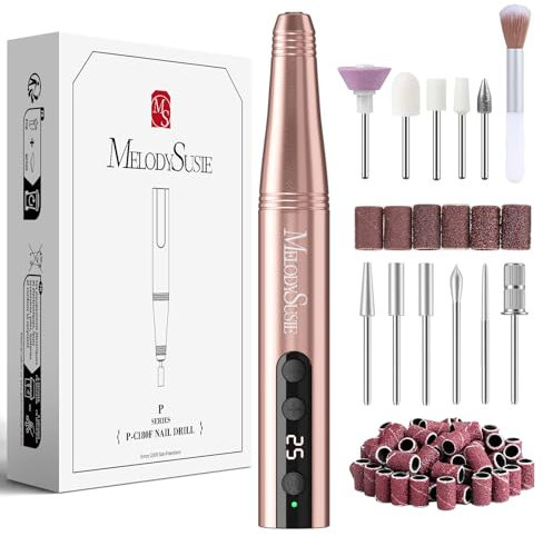 MelodySusie Kabellose Elektrische Nagelfräser 11 in 1 Kit, PC180F 25000RPM Tragbare Nagelfeile Set für Acryl Gel Dip Powder Nägel, 25 Geschwindigkeiten Maniküre Pediküre Polieren Formwerkzeuge(Gold)