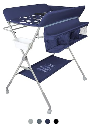 Mesa de cambio plegable, cambiador ajustable en altura con cesta de almacenamiento, cinturón de seguridad y 4 ruedas con freno-