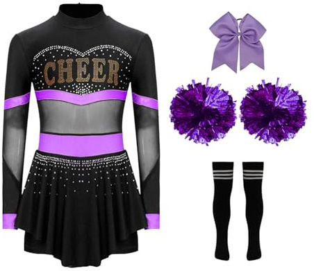 Miutii 4er Set Mädchen Cheer Leader Kostüm Cheerleading Uniform Langarm Kleid mit Pompoms Socken Haarband Halloween Karneval Faschingskostüm A Lila&Schwarz 134-140