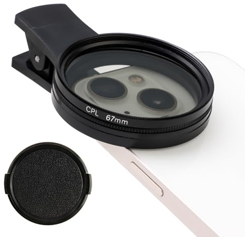 Clip-on Filter 67 mm, CPL-Filter, polarisierend für Smartphones, universelle Zirkular-Polarisationslinse für iPhone, Samsung, Android, beseitigt Reflexionen, verbessert Farben, minimiert Blendung mit