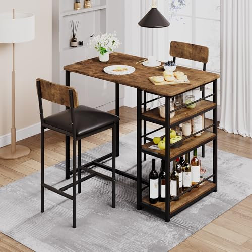 Litake Bartisch Set 3-Teilig, Stehtisch Esstisch mit 2 Gepolsterten Stühlen & 3 Ablagen Küchentisch Klein Thekentisch Barhocker Essgruppe 2 Personen Industriedesign, Vintagebraun