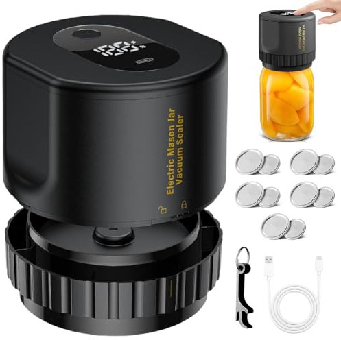 Electric Vakuumierer für Mason Jar, Wiederaufladbar Dosenverschlussmaschine Kit mit 10 pcs Einmachglas-Deckel und 1 Dosenöffner, Vakuumiergerät mit LED Anzeige für Gläser, für die Lebensmittellagerung