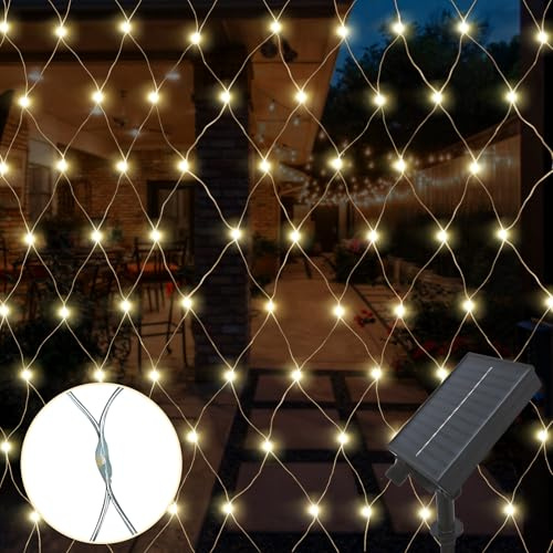 Gresonic 1,5 x 1,5 m, 96 ledes solares, red de luces, luz blanca cálida, decoración interior y exterior, Navidad, boda (96 ledes, blanco cálido, 8 modos)