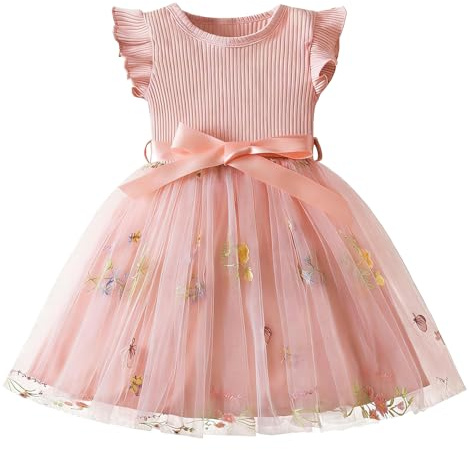 JiAmy Girls' Dresses Flower Embroidery Knit Tulle Toddler Dresses Flying Sleeves Girls Party Dress for Kids 2-3 Years, Pink Flower