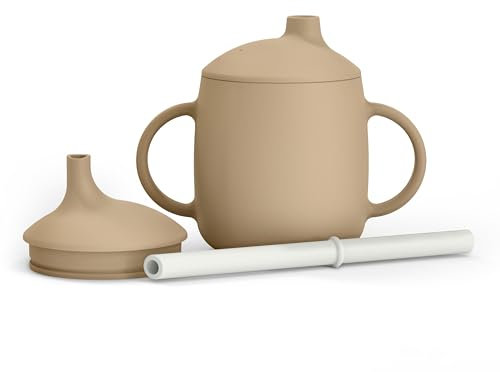 Suavinex, Tasse d'Apprentissage Bébé 3 en 1: Gobelet avec Bec + Paille + Tasse, Anti-Fuite, en Silicone, avec Poignées, Compatible Lave-Vaisselle et Micro-Ondes, Tasse pour Bébés +6 Mois, Beige