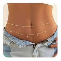 Spetsbst Bauchkette Gold Damen, Körperketten Bauch und Verstellbar für Frauen Mädchen, Taillenkette Bikini Sommer Taillenschmuck Belly Waist Chain (Doppellagiger Strassanhänger)