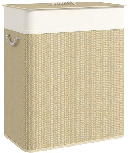 HOMCOM Cesto de Ropa Sucia con Tapa 100L Cesta Colada de Bambú con 2 Compartimentos Bolsa Interior Extraíble para Lavandería Dormitorio 52x32x63 cm Natural