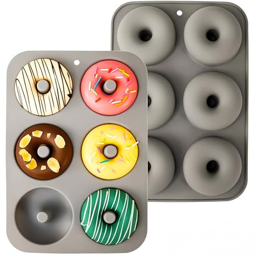 Ezranova 2PCS Silicon Doughnut Mould,Non-Stick, 6 Cavity Molds Doughnut Tray Donut Pan, Bagel Baking Tin, Biscuit Doughnut Maker, Bakeware (Grey)