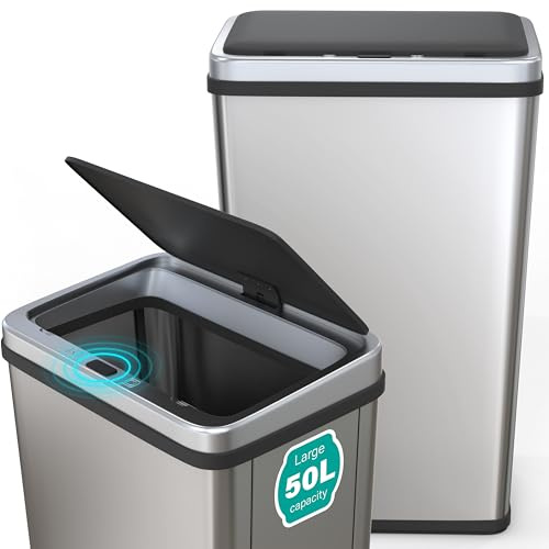 Vivo Technologies 50L Sensor Bin, Automatic Touchless Stainless Steel Rubbish Bin, for Kitchen Bathroom Recycling Soft Close, Trash Can Battery Operated Easy Clean Silver Auto Manual Model