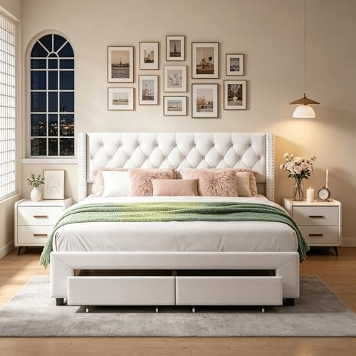 HYNHXBP Lit Coffre 140x190 cm avec LED, Lits 2 Personnes avec Port USB, Lit Double Rembourré avec 2 Tiroirs, Lit pour Adultes et Adolescents, Velours, Beige, sans Matelas