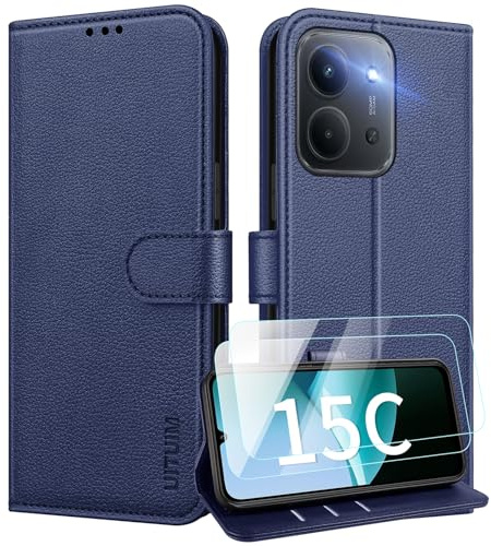 UITUIM Coque pour Xiaomi Redmi 15C 5G/4G Coque Etui Portefeuille Cuir avec 2 Verre Trempé Protection Écran Porte Carte Rabat Clapet Flip Case Étui Cover Housse Etui pour Redmi 15C 5G/4G,Bleu