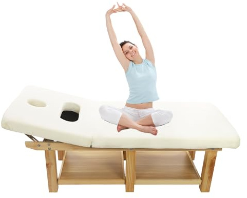 PattenlLevi Lit de massage professionnel stationnaire avec dossier, 190 x 80 x 62 cm, dossier réglable de 0 à 45 °, max. 400 kg, lit de soin du corps spa en bois massif