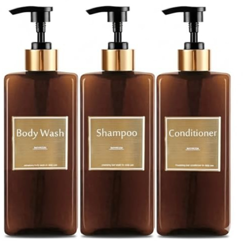 Dispensador Jabon Baño | Set de 3 Botes para Gel Champu y Acondicionador 500ML con Pegatinas | Este Dosificador Jabon Baño es Elegante y Realzará el Estilo de tu hogar (Marrón)