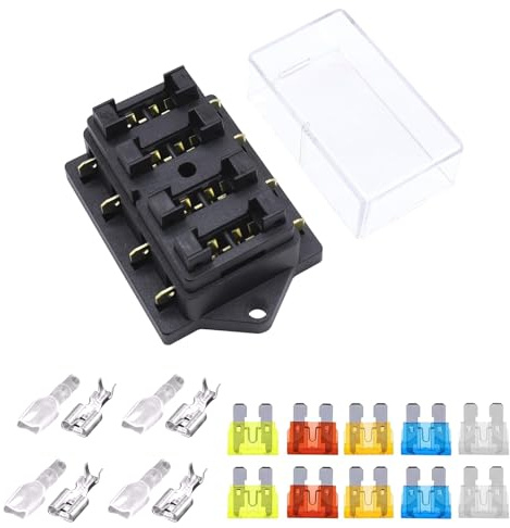 GZGXKJ 4-Way Portafusibili con 10 Fusibili a Lama Standard (5A 10A 15A 20A 25A) Scatola Porta Fusibile Standard per Auto, Barca, Camper, Camion, Yacht