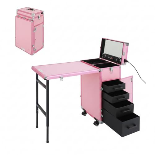 Kastrull med hjul och bord, kosmetisk väska, 4 lådor, stor kosmetikaväska med spegel och Bluetooth-högtalare, nagelbord, mobil sminkstation för nagelstudio och frisör (rosa)