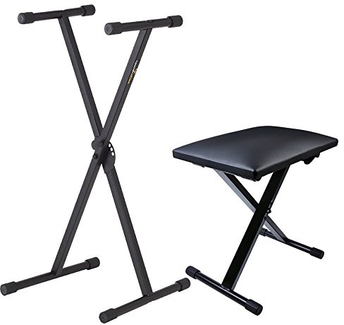 FREE SOUND GUITARS Supporto per Tastiera con Panchina Regolabile in Metallo, Seduta in Sky Nero, 5 Livelli di Altezza, Piedini Antiscivolo