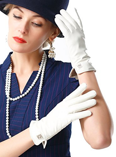 NappaNovum Women's Classic Italian Nappa Leather Gloves Lambskin Winter Comfort Lining Fashion Gloves (Touchscreen or Non-Touchscreen) (L, White)