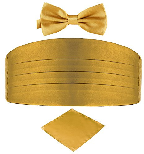 DonDon Set de tres piezas Caballero Faja de esmoquin Pajarita Pañuelo de bolsillo Color a juego Espléndido para ceremonias y ocasiones especiales - Dorado Oro