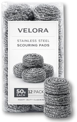 VELORA Stainless Steel Cleaner Scouring Pads [12 Pack] - Industrial & Commercial Strength Large Cleaning Supplies Dish Sponge - Individually Wrapped 50 Gram