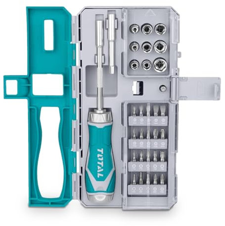TOTAL - Destornillador de Carraca con Juego de 33 Puntas y Vasos - 5 Puntas Planas, 5 Puntas Phillips, 2 Puntas Pozidrive, 5 Puntas Torx, 3 Puntas Hexagonales - Adaptador Quick - 9 Casquillos 1/4