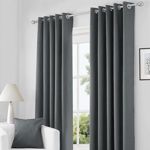 RayyanLinen Readymade Blackout Thermal Eyelet Ring Top Pair of Curtains Including 2 free Tiebacks (CHARCOAL GREY, Width 46 x Drop 54)