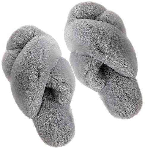 dressfan Zapatillas de Estar por Casa Mujer Felpa Punta Abierta Chanclas Pantuflas de Casa Cómodos Calentitas Plano Suela de Goma Antideslizante Zapatos Interior/Exterior (Grigio, numeric_36)
