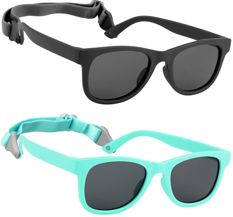 HXS 2-Pack Polarized Toddler Sunglasses with Strap for 2-4 Year Olds,Black & Mint Green