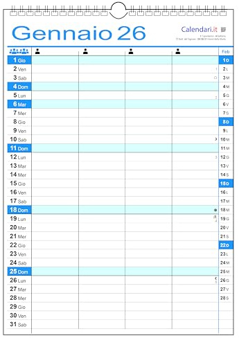 Calendario 2026 famiglia da muro con colonne family lavoro per 1 2 3 4 5 6 7 8 persone (4 COLONNE)
