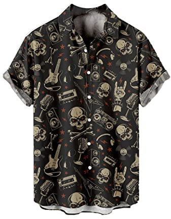 CARNOBA Herrenhemd mit 3D-Druck Retro Rose Totenkopf Kurzarm Revershemden Sommer Regular Button Strandhemd Lässige Hawaii-Oberteile