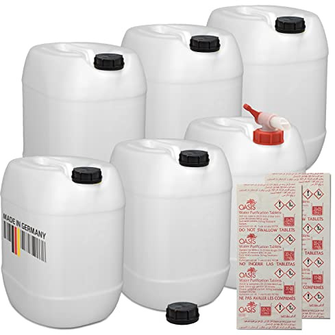 plasteo Wasserkanister 30 Liter 6er Set: Getränkekanister Lebensmittelecht mit Auslaufhahn und Wasserreinigungstabletten