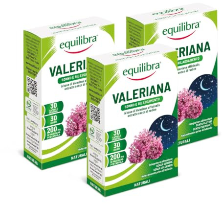 Equilibra Integratori Alimentari, Valeriana, Integratore per Favorire il Sonno e il Rilassamento in Caso di Stress, da Assumere Prima di Dormire, 3 Pezzi da 30 Capsule