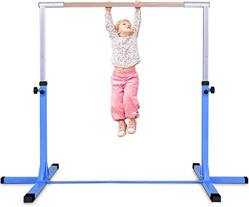 GYMAX Barre Gymnastique pour Enfant avec 12 Niveaux Hauteur (91 cm-150 cm), Barre Fixe de Gymnastique en Bois & Structure en Acier, Barre Gymnastique pour Intérieur & Extérieur (Bleu)