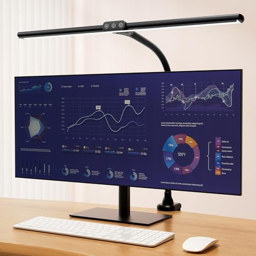 Hokone Schreibtischlampen für Home Office, 31,5 breite Architekten-Schreibtischlampe mit Klemme, hohe Bürolampe dimmbar, schwarzes Monitorlicht mit Timer, helle Schwanenhalslampe für Werkbank