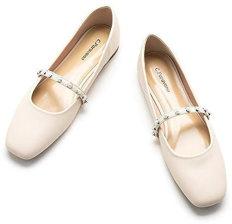 C.Paravano Mary Jane Damen-Lederschuhe, flache Schuhe mit quadratischer Zehenpartie, Weiß_e, 38 EU