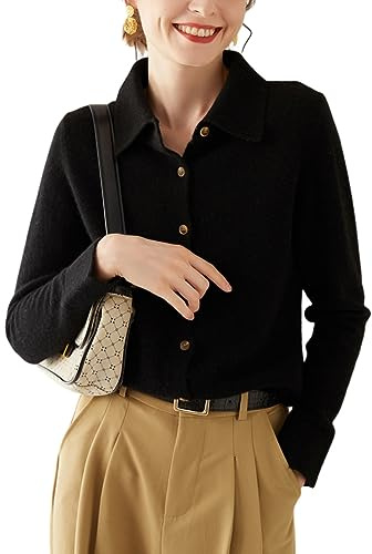 DISSA Gilet Cachemire Femme Revers Noir Boutonné Tricoté Mince Manches Longues Fin Cardigan en Cachemire et Laine,42,SH346