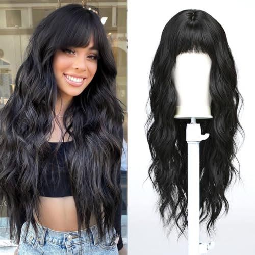 Esmee Parrucca Lunga Ondulata Nera per le Donne Capelli Sintetici Naturali Termoresistenti Parrucche Brunette con Frangia