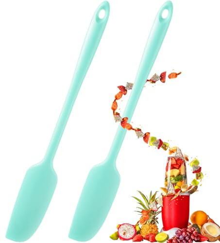 Patelai 2 Pieces Silicone Jar Spatula Long Handle Non-stick Rubber Scraper Heat Resistant Spatula Silicone Scraper for Jars, Smoothies, Blenders Cooking Baking Stirring Mixing Tools (Mint)