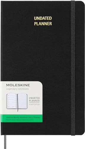 Moleskine Undated Weekly Planner, Undatierte Wochenplanermit Platz für Notize, Fester Einband und Elastischer Verschluss, Farbe Schwarz, Großes Format 13 x 21 cm