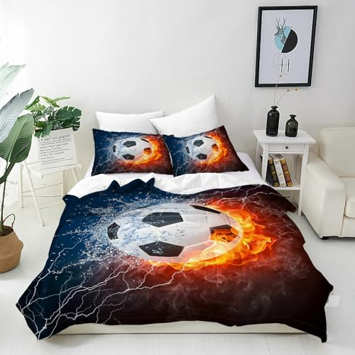 ANHOPE Set copripiumino 135 x 200 cm + federa 80 x 80 cm, per bambini e bambine, set di biancheria da letto con stampa a tema sportivo, calcio, calcio, con chiusura a cerniera, 2 pezzi
