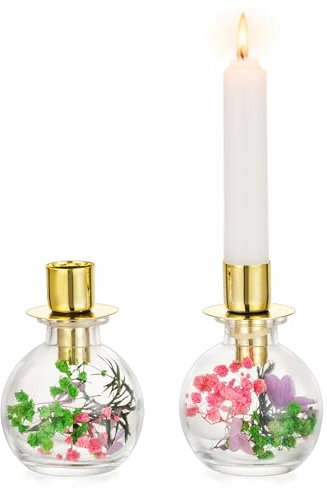 NUPTIO Kerzenhalter mit Trockenblumen Kerzenständer Stabkerzen: 2er Glas Stabkerzenhalter Geschenke für Frauen Tischdeko Esstisch Frühling Boho Deko Gold Kerzenhalter Weihnachten