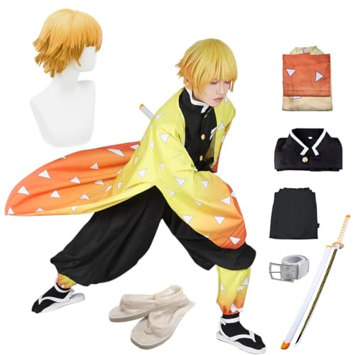 Nhorrobat Full Set Halloween Costume For Men Agatsuma Zenitu Party Role Cosplay Costume Kimono Outfit W/Sword Shoes Wig