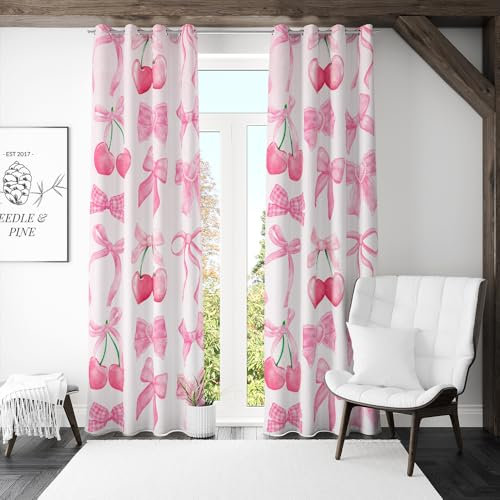 Reateforin Cortinas de princesa con lazos de cerezo rosa para niñas, decoración de coqueta, decoración de habitación con temática de lazo, 2 paneles, cortinas transparentes para habitación de niñas,