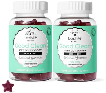 Lashilé Beauty - Integratore alimentare Anti-Acne - Pelle Netta e Anti-Imperfezioni - Regola il Sebo e Purifica - Good Clean Vitamine - Made in France - Bardana Ortica Zinco - Cura 2 Mesi 120 Gummies
