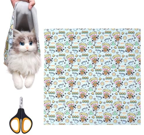 BOXOB Envoltura para Gatos, 70x70cm Autoadhesiva Envoltura de Aseo para Gatos con Cortaúñas Envoltura Tipo Burrito para Gatos para Cortar Uñas Antiarañazos Suministros para el Cuidado de Gatos