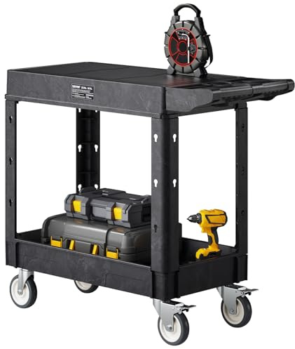 VEVOR Werkzeugwagen, 250 kg Tragkraft, Werkstattwagen, Mehrzweckwagen aus Kunststoff mit Zwei Ablagen & 360°-Lenkrollen (2 mit Bremse), geeignet für Lager, Garage, Reinigung, 1015x450x850 mm