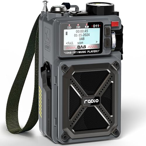 Greadio Radio solare portatile DAB/DAB+/FM con Bluetooth 5.3, torcia elettrica, manovella, radio di emergenza a vento, batteria ricaricabile da 4000 mAh con SOS, USB, scheda SD, jack per cuffie