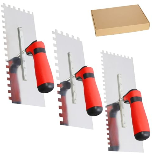 3-teilig Edelstahl Zahnglättekelle, Edelstahl Glättkelle mit Zahnung 6/8/10 mm, Rostfreie Gezahnt Glättekelle mit Griff, Traufel mit Zahnung zum Auftragen von Spachtelmasse und Fliesenkleber