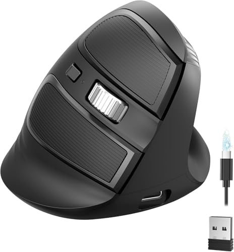TECKNET Ergonomische Maus Bluetooth, 2.4G Wiederaufladbare Kabellos Vertikale Maus mit 4800 DPI, 3 Geräte nahtlos umschaltbar, 6 Tasten, klein leise Optische Funkmaus für Laptop, PC, Windows, Mac OS