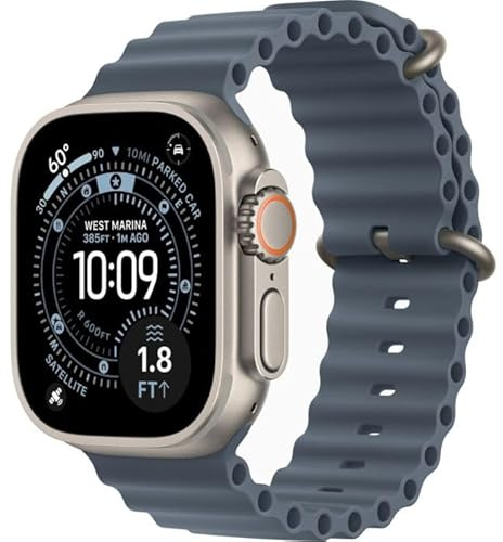 Apple Watch Ultra 3 GPS + Cellular 49 mm Premium Smartwatch für Lauftraining und Kombinationssport mit robustem Titangehäuse in Natur und Ocean Armband in Maritimblau